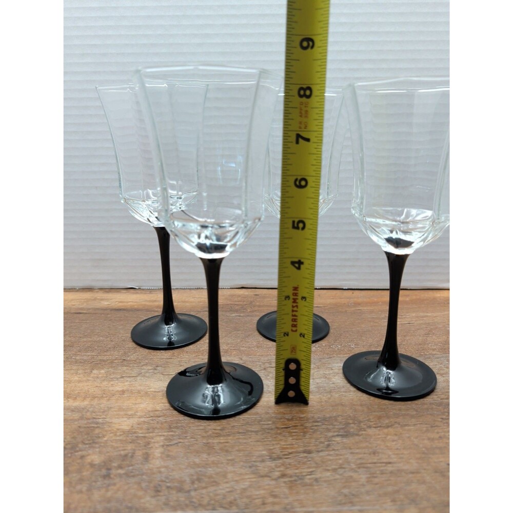 Set Of 4 Arcoroc Luminarc France Black Stem Octime Wine Goblets 8” Glass Octagon - Picture 5 of 6